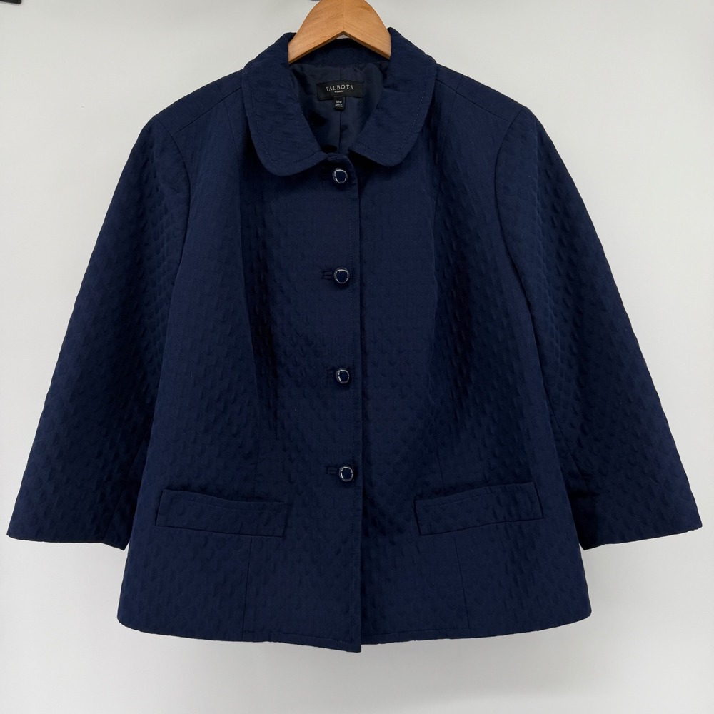 Talbots Woman Navy Blue Textured Matelasse Blazer Jacket Peter Pan Collar 18W